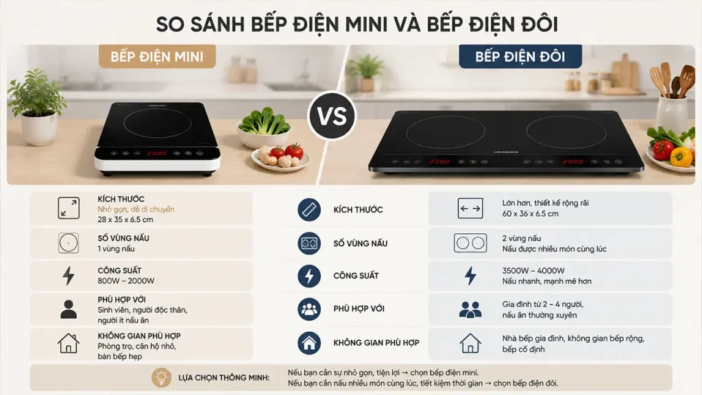 So sánh bếp điện mini và bếp điện đôi
