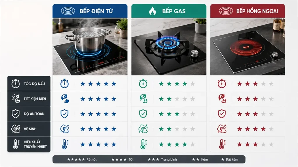 Các loại bếp điện từ phổ biến gồm bếp đơn, bếp đôi, bếp âm và bếp dương