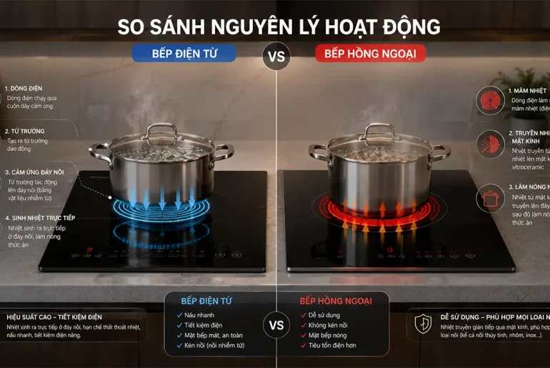 So sánh nguyên lý hoạt động của bếp điện từ và bếp hồng ngoại