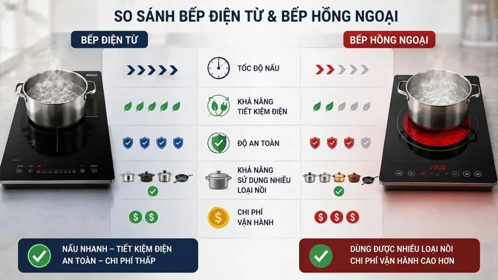 So sánh bếp điện từ và bếp hồng ngoại theo nhiều tiêu chí