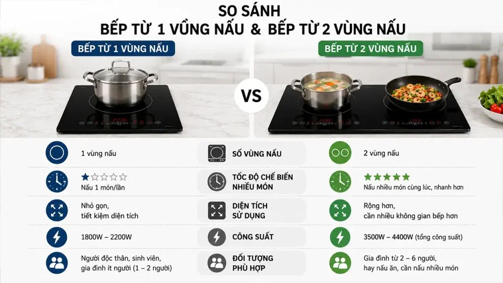 So sánh bếp từ 1 vùng nấu và bếp từ 2 vùng nấu