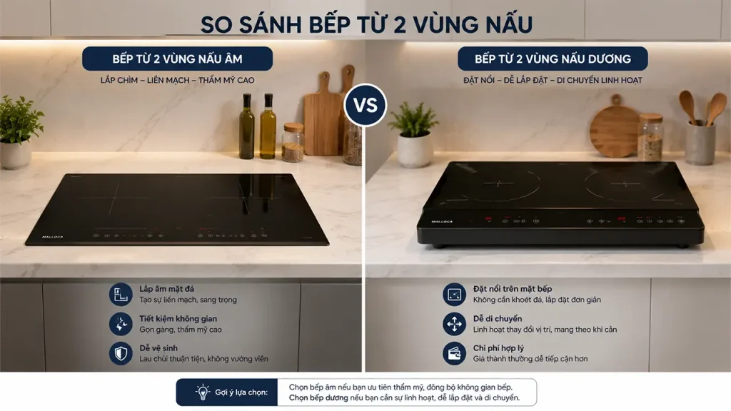 So sánh bếp từ 2 vùng nấu âm và bếp từ 2 vùng nấu dương