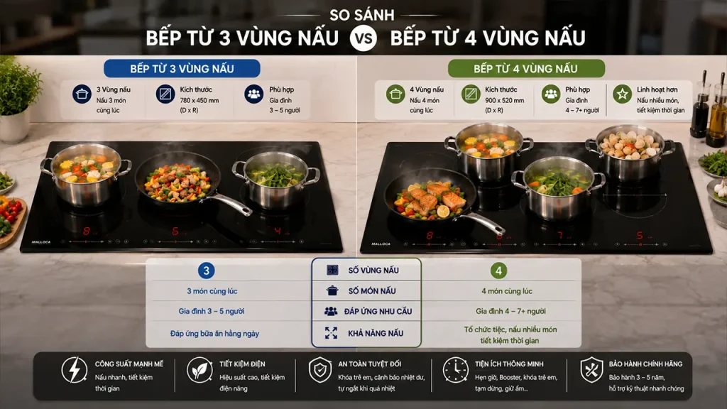 So sánh bếp từ 3 vùng nấu và bếp từ 4 vùng nấu