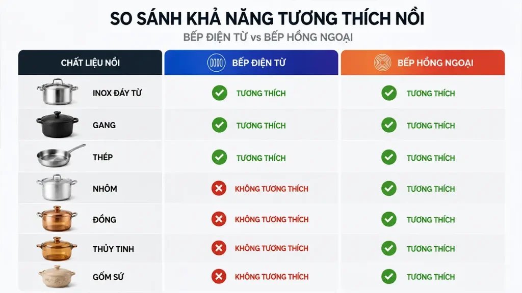 So sánh các loại nồi sử dụng cho bếp điện từ và bếp hồng ngoại