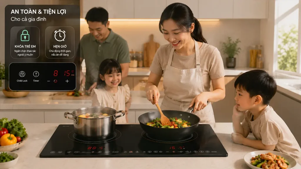 Gia đình sử dụng bếp từ 2 vùng nấu an toàn