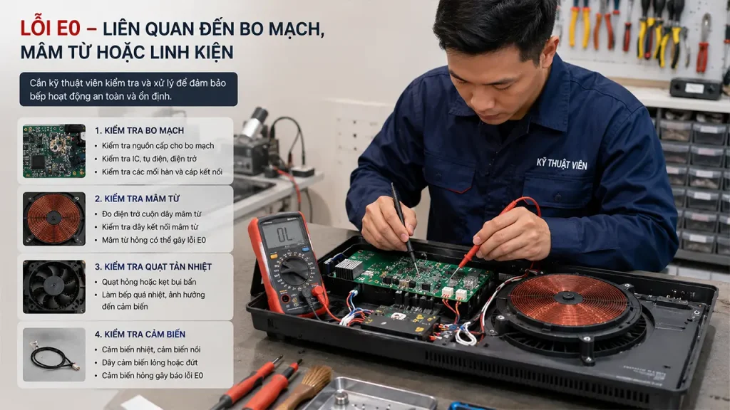 Kỹ thuật viên kiểm tra bếp từ báo lỗi E0