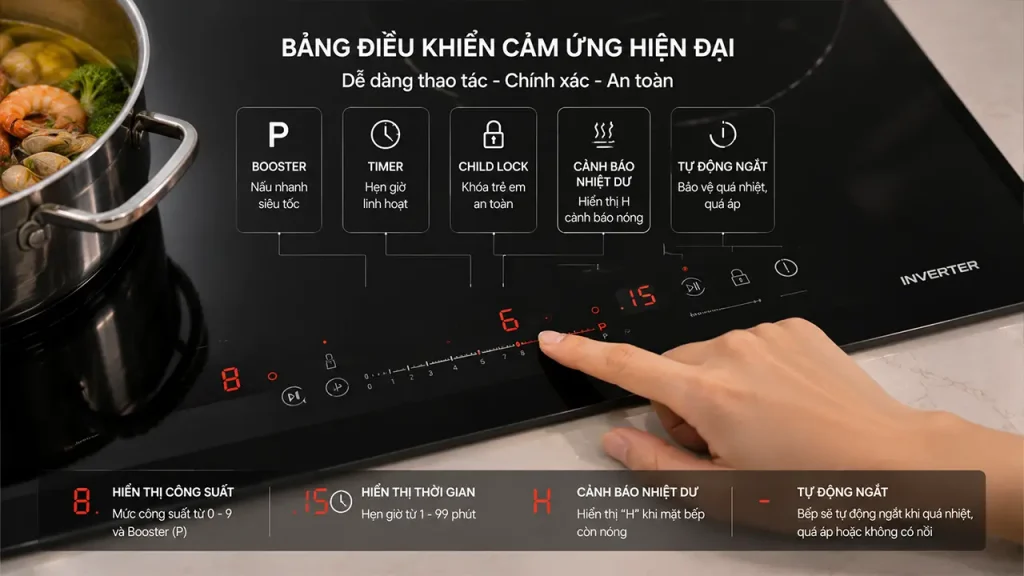 Bảng điều khiển cảm ứng của bếp từ âm hiện đại
