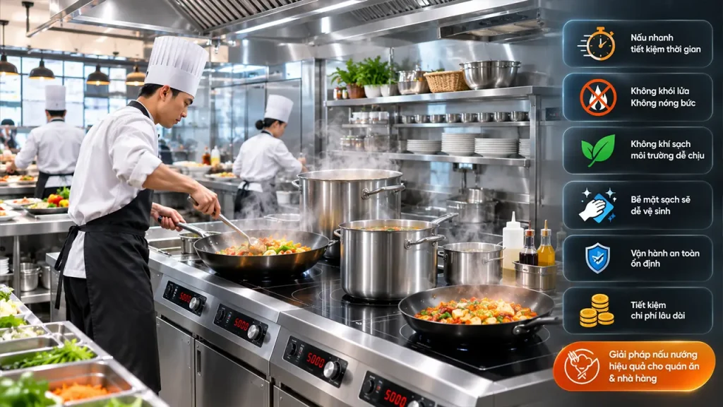 Đầu bếp sử dụng bếp điện công nghiệp trong nhà hàng