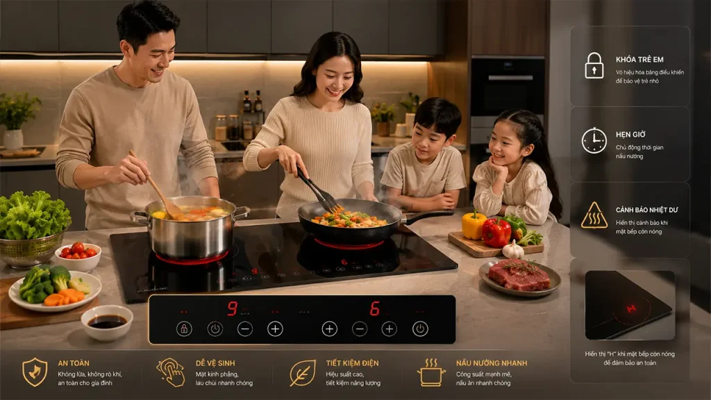 Gia đình sử dụng bếp điện đôi an toàn và tiện lợi