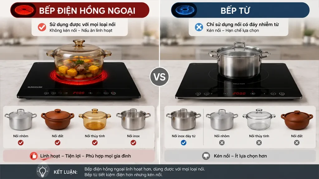 Bếp điện hồng ngoại sử dụng được nhiều loại nồi khác nhau