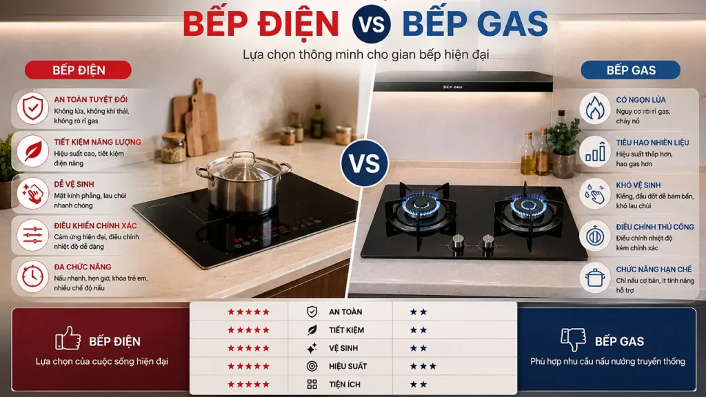 So sánh bếp điện và bếp gas trong sử dụng thực tế